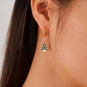 Detail of Christmas tree earrings with colorful oil drip on titanium steel hoop