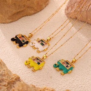 Gold elephant pendants with colorful enamel and inlaid gemstones on fine steel chains