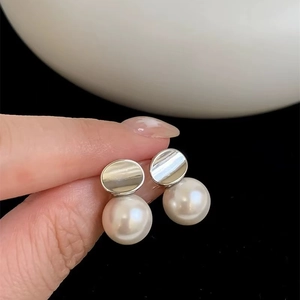 Artificial Pearl Stud Earrings With 925 Sterling Silver Earring Post Curved Geometric French Style Jewelry For Women Elegant Minimalist