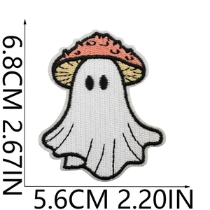 Ghost and mushroom embroidery patch size detail with 6.8x5.6cm dimension markings