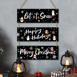 Three-tier black wooden Christmas wall hanging with snowmen and holiday greetings