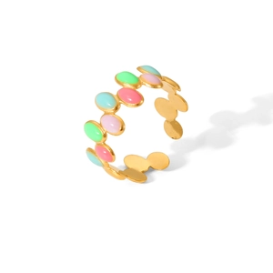 Detail of 18K gold plated stainless steel ring with pastel enamel oval patterns