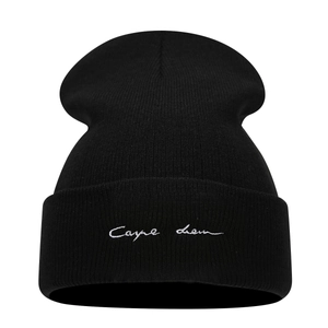 Vintage style black knitted beanie with Carpe Diem embroidery for men and women