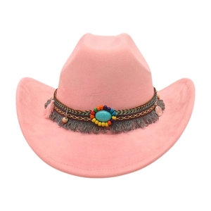 Rosa Cowboyhut im Ethno-Stil mit buntem Perlenband und feiner Fransenverzierung