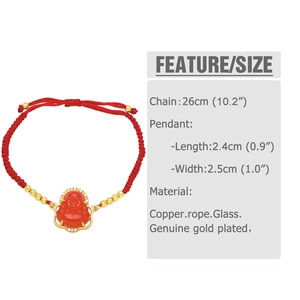Detailed view of red cord bracelet with gold Buddha pendant and zircon inlay details