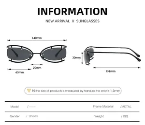 Detailed size chart for rimless oval Y2K sunglasses with 140mm frame width and metal material