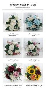 Multiple artificial rose bouquets for weddings in champagne, blue, purple, and red tones