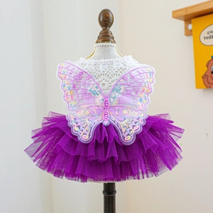 Close-up of the butterfly embroidery and purple mesh tutu on this pet fairy dress