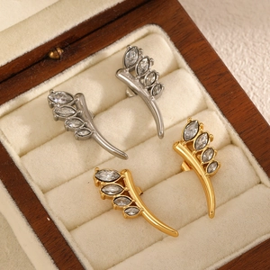 Elegant wing-shaped stainless steel stud earrings with marquise-cut zircon in gold and silver