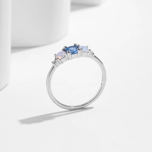 Elegant S925 sterling silver ring with geometric opal and blue sapphire stones