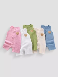 Baby Sleeveless Romper Cotton Gauze Muslin Breathable Summer With Cute Bear Patch For Newborn Infant