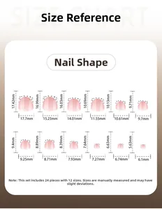 Size chart showing 12 dimensions for French white and black polka dot press-on toenails
