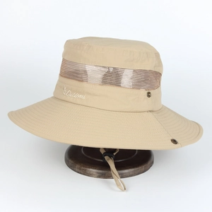 Men's khaki wide-brim outdoor fishing hat with breathable mesh and windproof chin strap