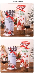 Detail of Christmas wine bottle bags featuring gnomes and gingerbread house patterns