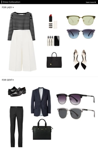 Flat lay of retro square sunglasses styled with black and white striped clothes and a tote bag