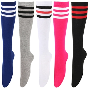 Knee-high socks for women with three stripes in blue, grey, white, pink and black
