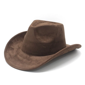 Classic brown suede western cowboy hat with wide curved brim and reinforced stitching