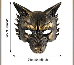 Front detail of wolf mask with gold and black finish including 23cm x 24cm dimensions