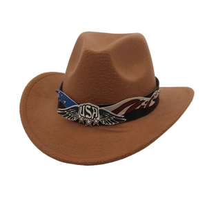 Detail of a brown felt cowboy hat featuring a USA metal wing emblem on leather band