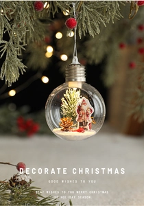 Lighted clear bulb ornament with Santa and pine cones hanging on a Christmas tree