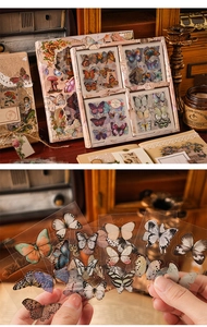 Close-up of vintage butterfly PET stickers in a premium decorative 100-piece set