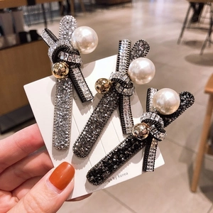Rhinestone Bow Hair Clip With Faux Artificial Pearl Elegant Duckbill Side Clip Korean Style Accessories For Women