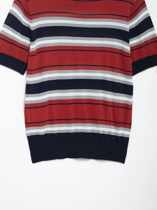 Close-up of knit texture with navy, red, and white stripes and ribbed hem detail