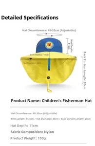 Detailed sizing chart for kids sun hat showing 48-52cm adjustable rim and neck flap