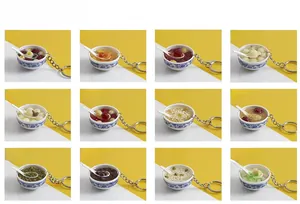 Matrix layout of 12 miniature food keychains with blue and white porcelain bowls
