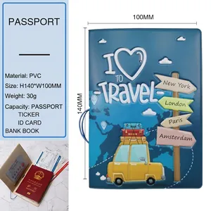Cartoon 3D passport cover in dark blue PVC featuring world map and city signs