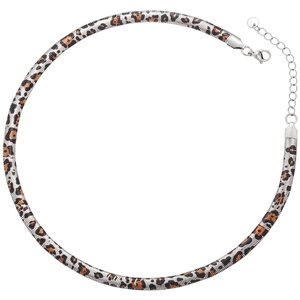 6mm stainless steel flat snake chain necklace with brown leopard print pattern and lobster clasp