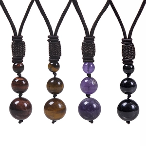 Natural Stone Pendant Necklace Amethyst Tiger Eye Obsidian Adjustable Braided Rope Hand-Woven Jewelry For Men Women