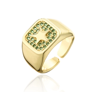 Detailed view of an 18K gold-plated punk style open ring with green zircon and star