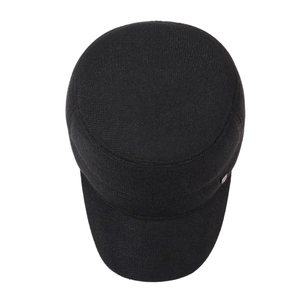 Black textured flat top army cap for men with warm fleece lining and metal side logo