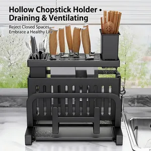 Multifunctional black stainless steel kitchen knife rack with cutlery drainer and pot lid holder