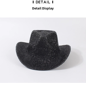 Close-up of glittery black western cowboy hat with detailed shimmering texture