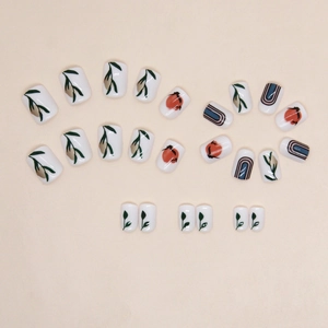 Faux ongles carrés blancs motif pêche et feuilles pour un style de mode fille
