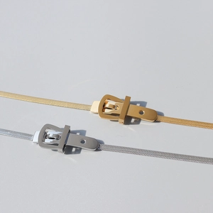 Flat snake chain necklace with belt buckle pendant in gold and silver finish