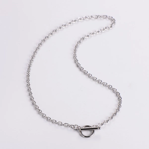 Detailed view of a silver stainless steel chain necklace with a toggle clasp on white background