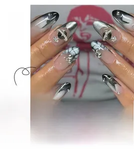 Y2K long almond press-on nails featuring silver stars, 3D planet charms, and marble art