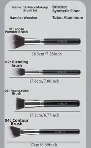 Detailed size chart for 12pcs professional makeup brushes with wood handles and fiber hair