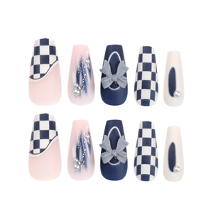 Blue checkered press-on nails with 3D bows and pearls in a long ballerina shape