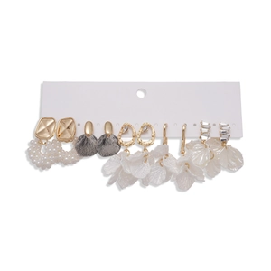 Elegant 6-pair set of gold geometric earrings with pearls and chiffon flower accents