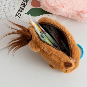 Close-up of a Capybara plush pencil case featuring large capacity and soft furry texture