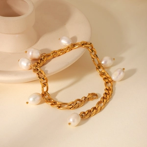 18K gold plated stainless steel anklet with natural baroque freshwater pearls on Figaro chain