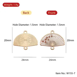 Macro detail of alloy plum blossom fan charm showing front and back with dimensions