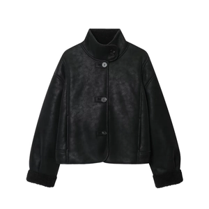 Short Faux Leather Shearling Jacket With Lambswool Lining Stand Collar Solid Black Casual Button Up Outerwear For Women