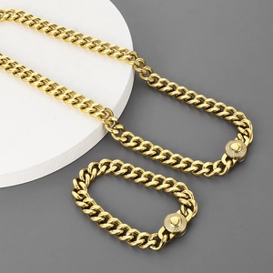 Golden stainless steel Cuban chain necklace and bracelet set with CNC diamond accents