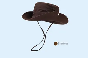 Detail of coffee brown sun hat with adjustable chin strap and side snaps for outdoor hiking