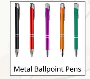 Detailed close-up of customizable metal ballpoint pens in five vibrant colors with silver accents